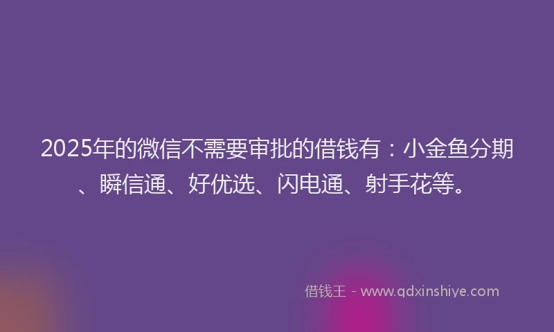 2025年的微信不需要审批的借钱有：小金鱼分期、瞬信通、好优选、闪电通、射手花等。