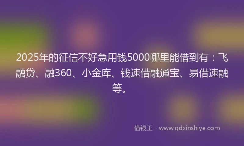 2025年的征信不好急用钱5000哪里能借到有：飞融贷、融360、小金库、钱速借融通宝、易借速融等。