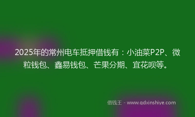2025年的常州电车抵押借钱有：小油菜P2P、微粒钱包、鑫易钱包、芒果分期、宜花呗等。