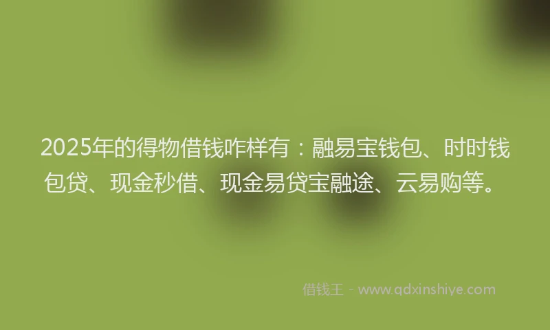 2025年的得物借钱咋样有：融易宝钱包、时时钱包贷、现金秒借、现金易贷宝融途、云易购等。