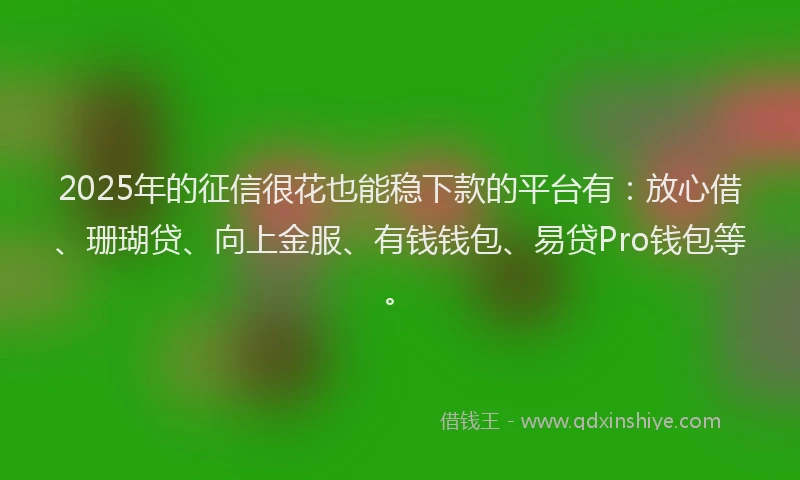 2025年的征信很花也能稳下款的平台有：放心借、珊瑚贷、向上金服、有钱钱包、易贷Pro钱包等。