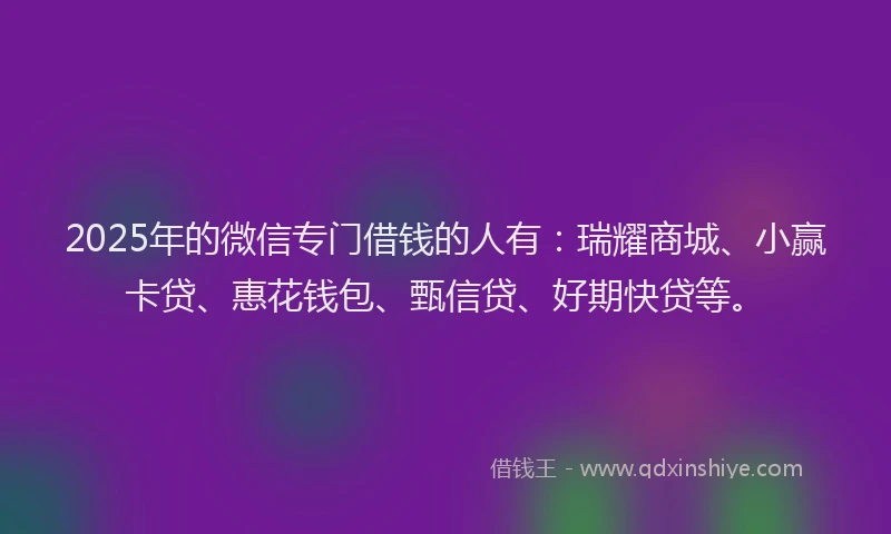 2025年的微信专门借钱的人有：瑞耀商城、小赢卡贷、惠花钱包、甄信贷、好期快贷等。