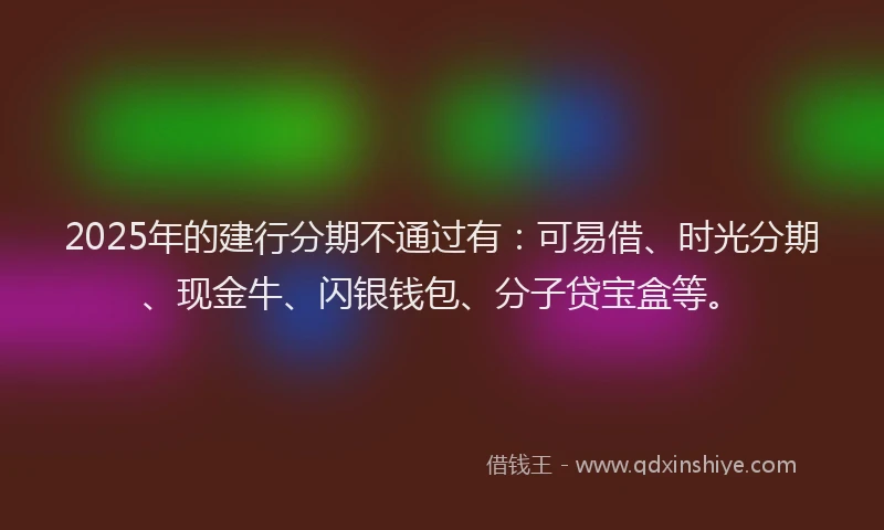 2025年的建行分期不通过有：可易借、时光分期、现金牛、闪银钱包、分子贷宝盒等。