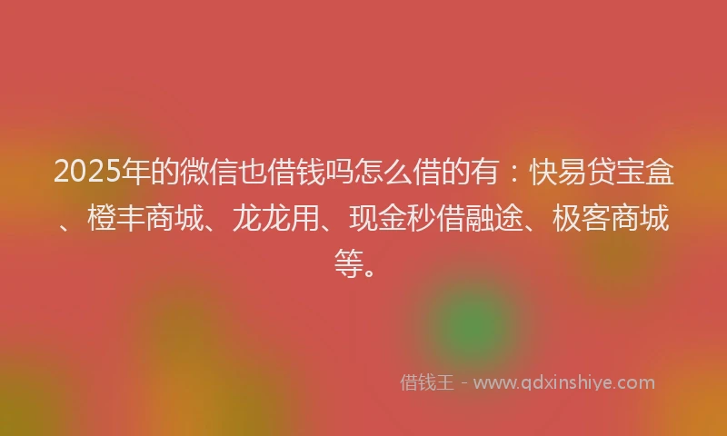 2025年的微信也借钱吗怎么借的有：快易贷宝盒、橙丰商城、龙龙用、现金秒借融途、极客商城等。