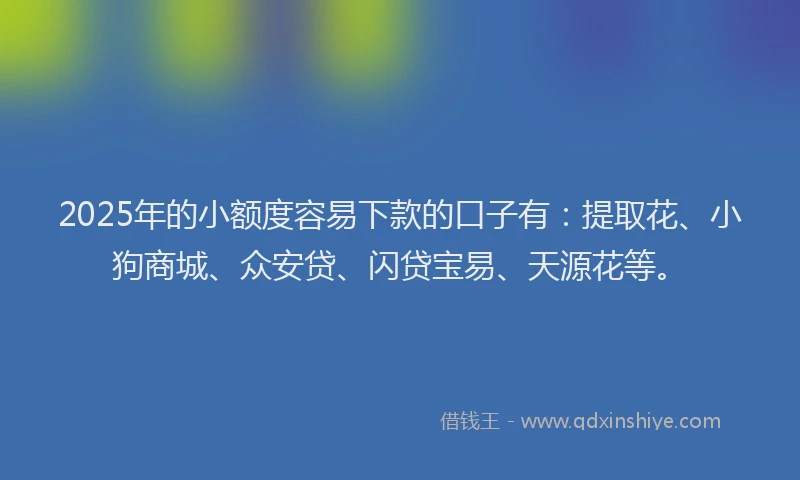 2025年的小额度容易下款的口子有：提取花、小狗商城、众安贷、闪贷宝易、天源花等。