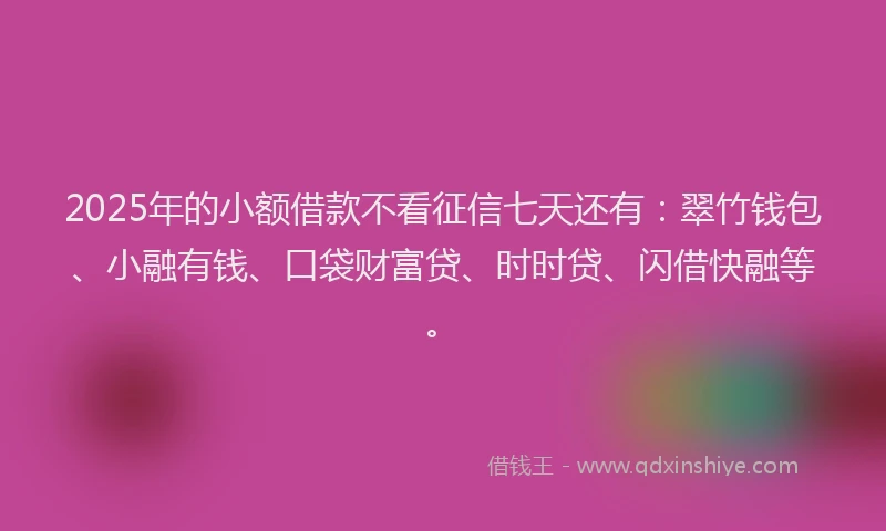 2025年的小额借款不看征信七天还有：翠竹钱包、小融有钱、口袋财富贷、时时贷、闪借快融等。
