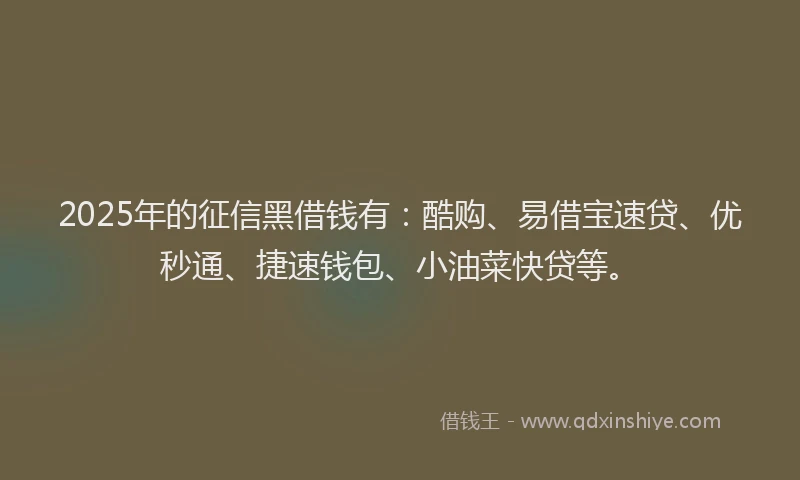 2025年的征信黑借钱有：酷购、易借宝速贷、优秒通、捷速钱包、小油菜快贷等。