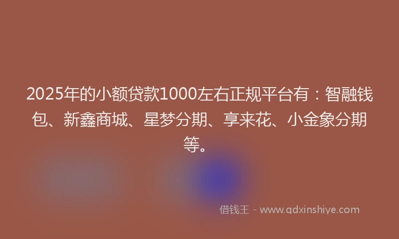 2025年的小额贷款1000左右正规平台有：智融钱包、新鑫商城、星梦分期、享来花、小金象分期等。