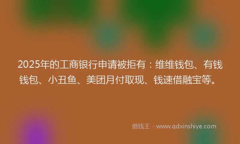 2025年的工商银行申请被拒有：维维钱包、有钱钱包、小丑鱼、美团月付取现、钱速借融宝等。