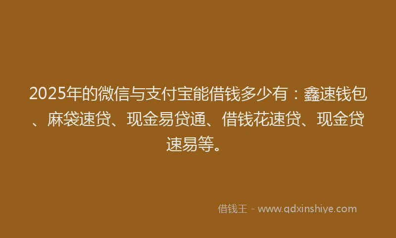 2025年的微信与支付宝能借钱多少有：鑫速钱包、麻袋速贷、现金易贷通、借钱花速贷、现金贷速易等。