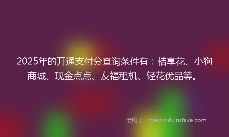 2025年的开通支付分查询条件有：桔享花、小狗商城、现金点点、友福租机、轻花优品等。