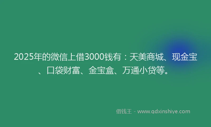 2025年的微信上借3000钱有：天美商城、现金宝、口袋财富、金宝盒、万通小贷等。