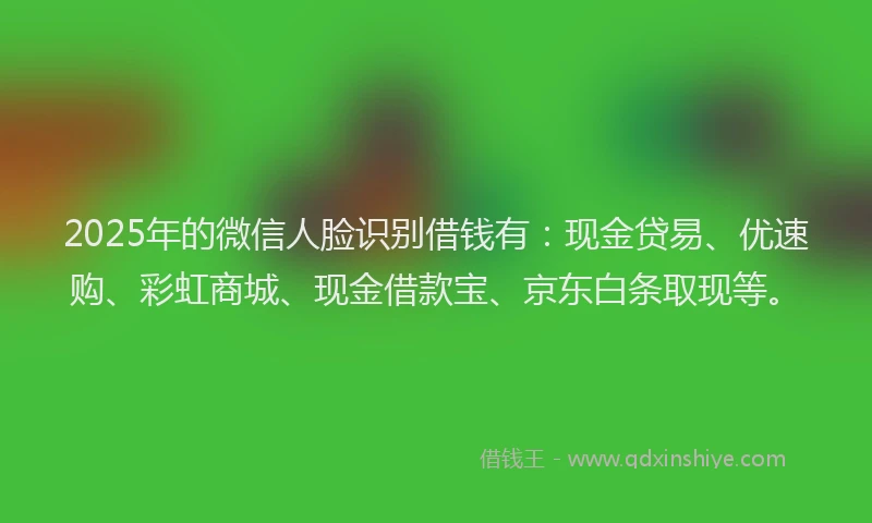 2025年的微信人脸识别借钱有：现金贷易、优速购、彩虹商城、现金借款宝、京东白条取现等。