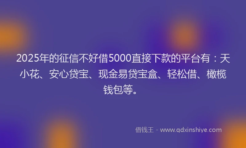 2025年的征信不好借5000直接下款的平台有：天小花、安心贷宝、现金易贷宝盒、轻松借、橄榄钱包等。