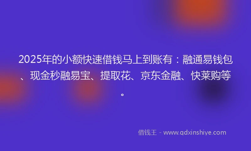 2025年的小额快速借钱马上到账有：融通易钱包、现金秒融易宝、提取花、京东金融、快莱购等。