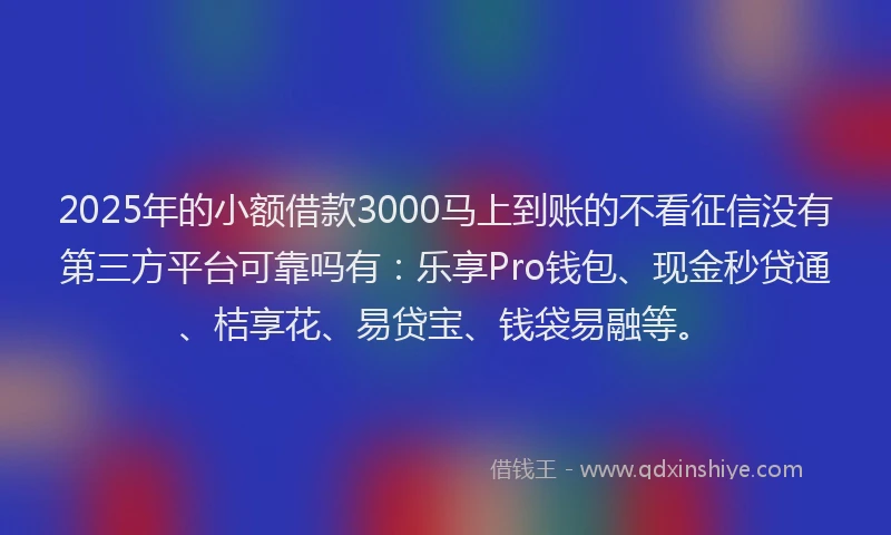 2025年的小额借款3000马上到账的不看征信没有第三方平台可靠吗有：乐享Pro钱包、现金秒贷通、桔享花、易贷宝、钱袋易融等。