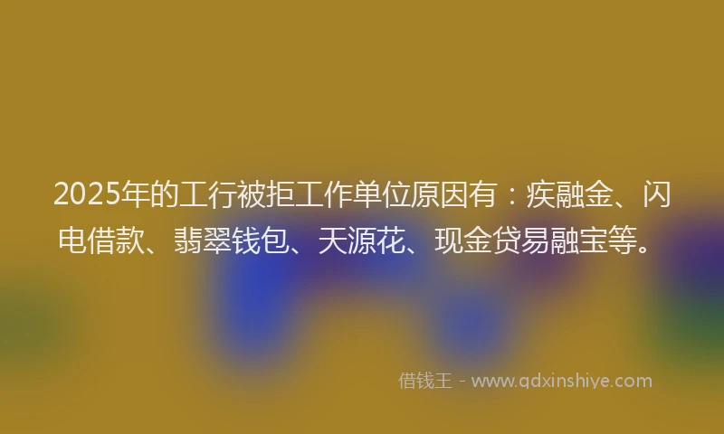 2025年的工行被拒工作单位原因有：疾融金、闪电借款、翡翠钱包、天源花、现金贷易融宝等。