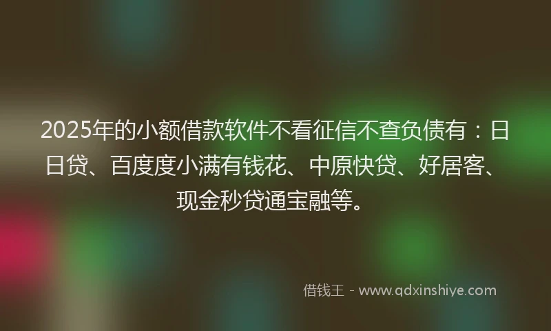 2025年的小额借款软件不看征信不查负债有：日日贷、百度度小满有钱花、中原快贷、好居客、现金秒贷通宝融等。