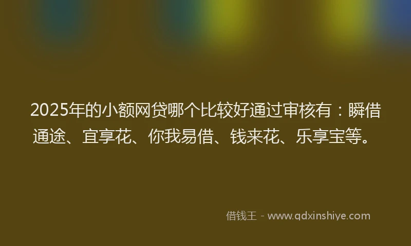 2025年的小额网贷哪个比较好通过审核有：瞬借通途、宜享花、你我易借、钱来花、乐享宝等。