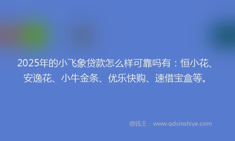 2025年的小飞象贷款怎么样可靠吗有：恒小花、安逸花、小牛金条、优乐快购、速借宝盒等。