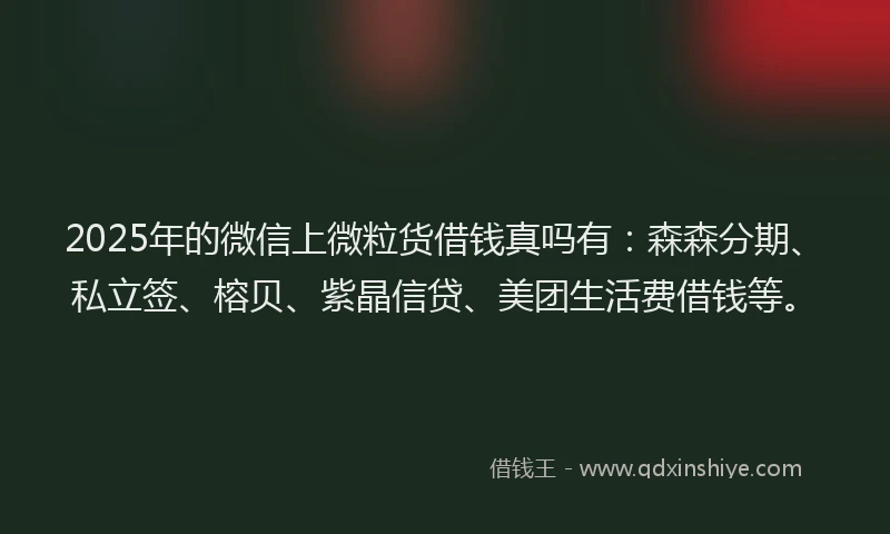 2025年的微信上微粒货借钱真吗有：森森分期、私立签、榕贝、紫晶信贷、美团生活费借钱等。