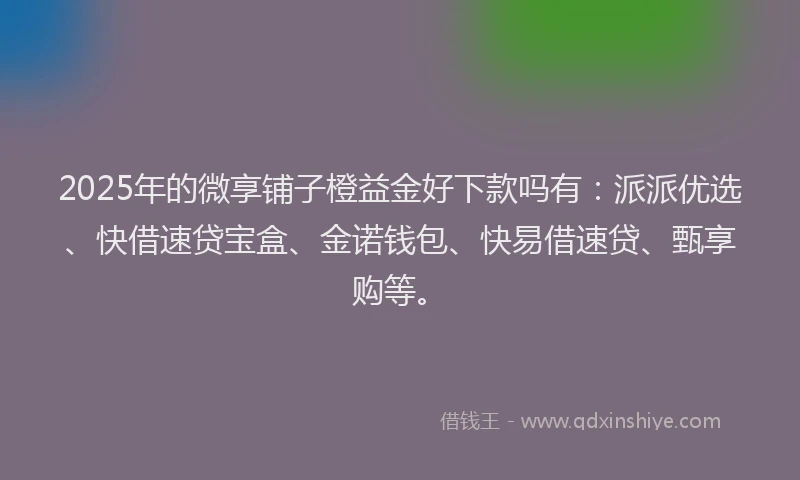 2025年的微享铺子橙益金好下款吗有：派派优选、快借速贷宝盒、金诺钱包、快易借速贷、甄享购等。