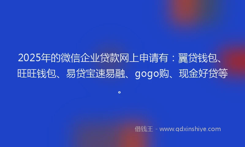 2025年的微信企业贷款网上申请有：翼贷钱包、旺旺钱包、易贷宝速易融、gogo购、现金好贷等。
