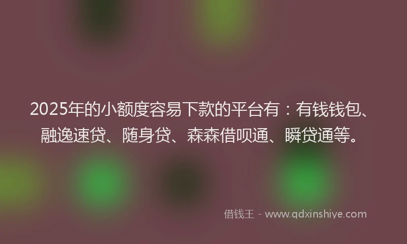 2025年的小额度容易下款的平台有：有钱钱包、融逸速贷、随身贷、森森借呗通、瞬贷通等。
