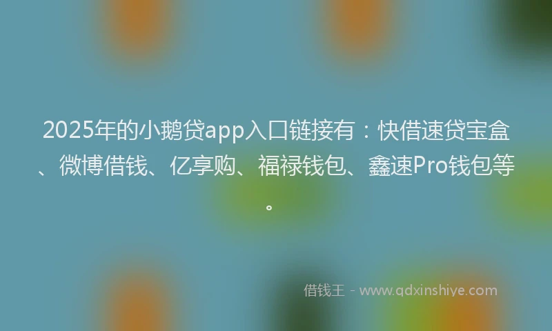 2025年的小鹅贷app入口链接有：快借速贷宝盒、微博借钱、亿享购、福禄钱包、鑫速Pro钱包等。