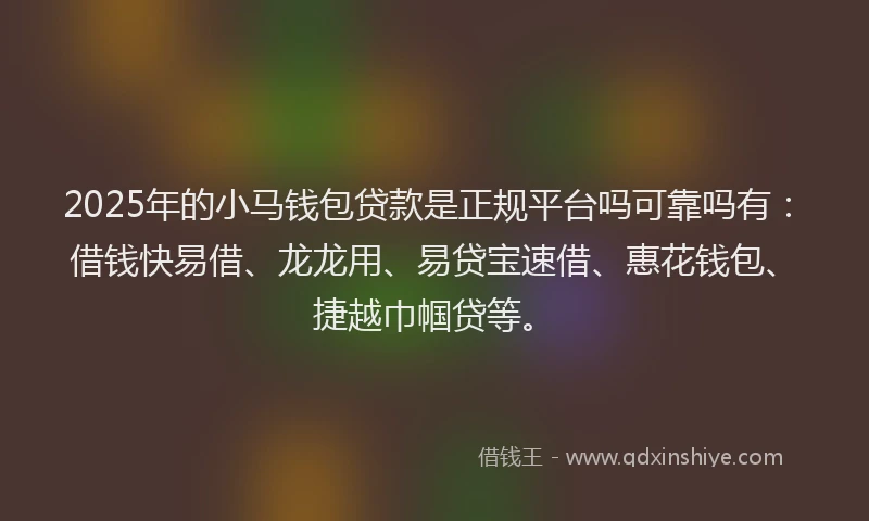 2025年的小马钱包贷款是正规平台吗可靠吗有：借钱快易借、龙龙用、易贷宝速借、惠花钱包、捷越巾帼贷等。