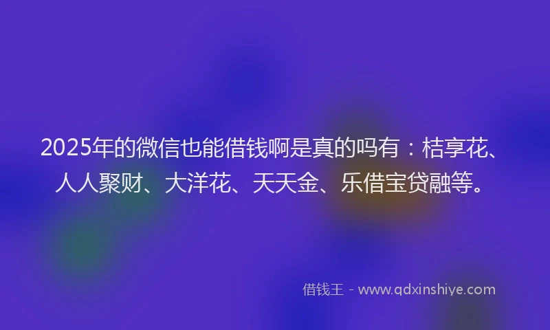 2025年的微信也能借钱啊是真的吗有：桔享花、人人聚财、大洋花、天天金、乐借宝贷融等。