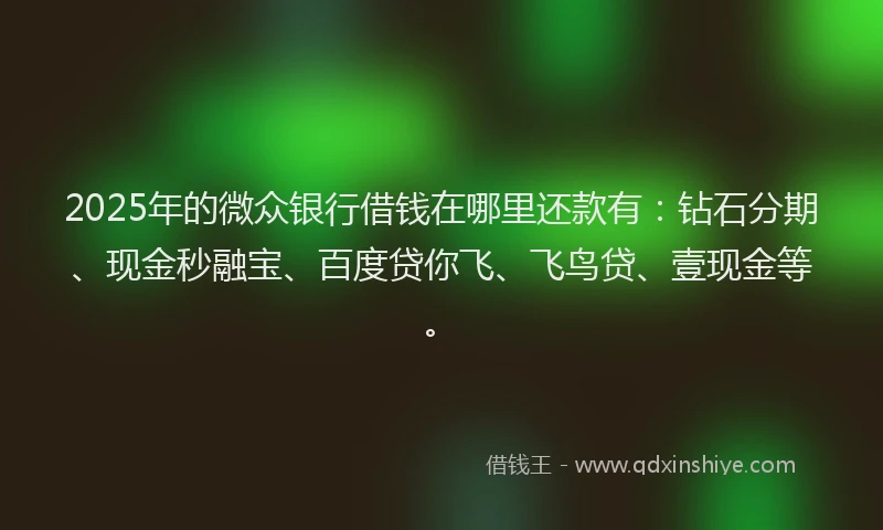 2025年的微众银行借钱在哪里还款有：钻石分期、现金秒融宝、百度贷你飞、飞鸟贷、壹现金等。