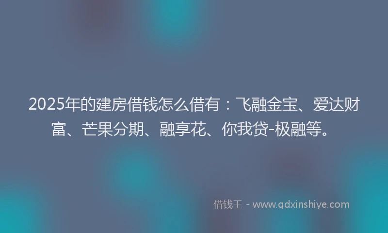 2025年的建房借钱怎么借有：飞融金宝、爱达财富、芒果分期、融享花、你我贷-极融等。