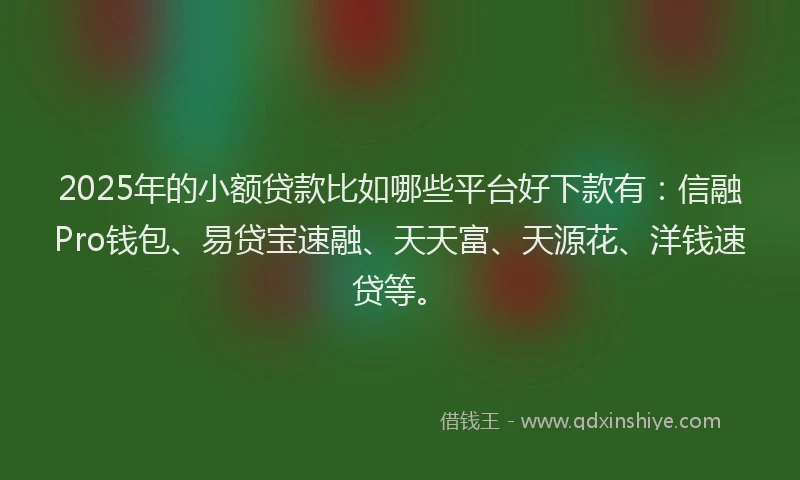 2025年的小额贷款比如哪些平台好下款有：信融Pro钱包、易贷宝速融、天天富、天源花、洋钱速贷等。