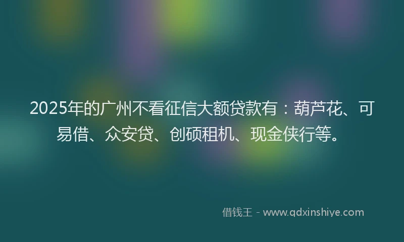 2025年的广州不看征信大额贷款有：葫芦花、可易借、众安贷、创硕租机、现金侠行等。