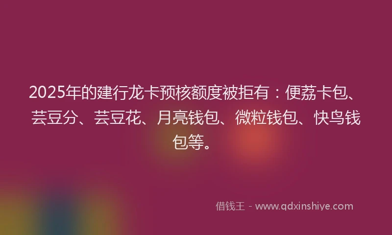 2025年的建行龙卡预核额度被拒有：便荔卡包、芸豆分、芸豆花、月亮钱包、微粒钱包、快鸟钱包等。