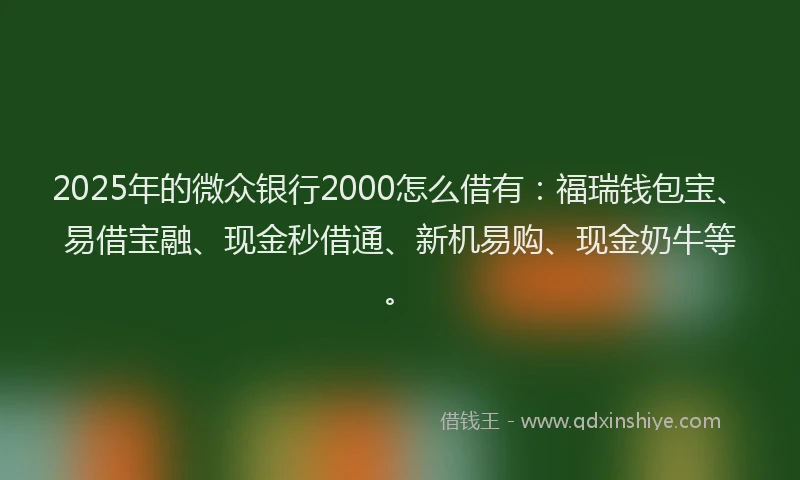 2025年的微众银行2000怎么借有：福瑞钱包宝、易借宝融、现金秒借通、新机易购、现金奶牛等。