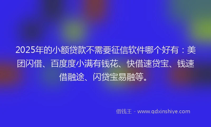 2025年的小额贷款不需要征信软件哪个好有：美团闪借、百度度小满有钱花、快借速贷宝、钱速借融途、闪贷宝易融等。