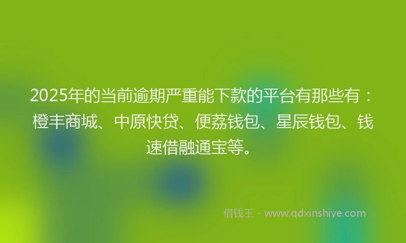 2025年的当前逾期严重能下款的平台有那些有：橙丰商城、中原快贷、便荔钱包、星辰钱包、钱速借融通宝等。