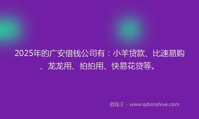 2025年的广安借钱公司有：小羊贷款、比速易购、龙龙用、拍拍用、快易花贷等。