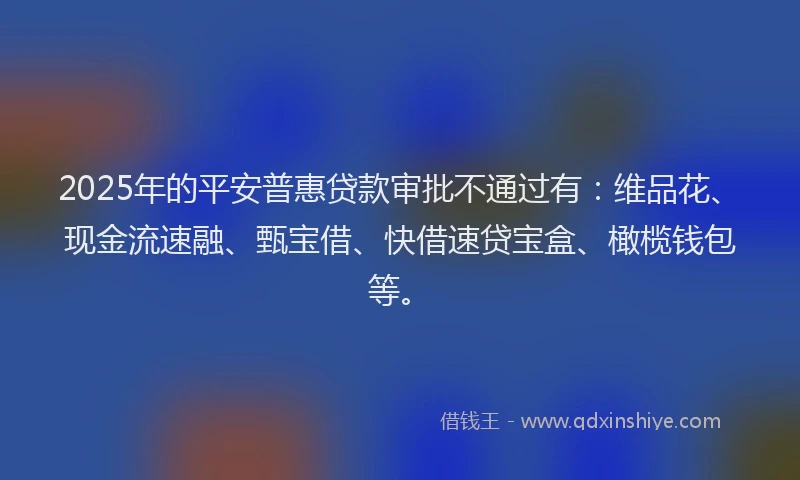 2025年的平安普惠贷款审批不通过有：维品花、现金流速融、甄宝借、快借速贷宝盒、橄榄钱包等。