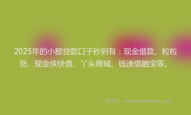 2025年的小额贷款口子秒到有：现金借款、粒粒贷、现金侠快借、丫头商城、钱速借融宝等。