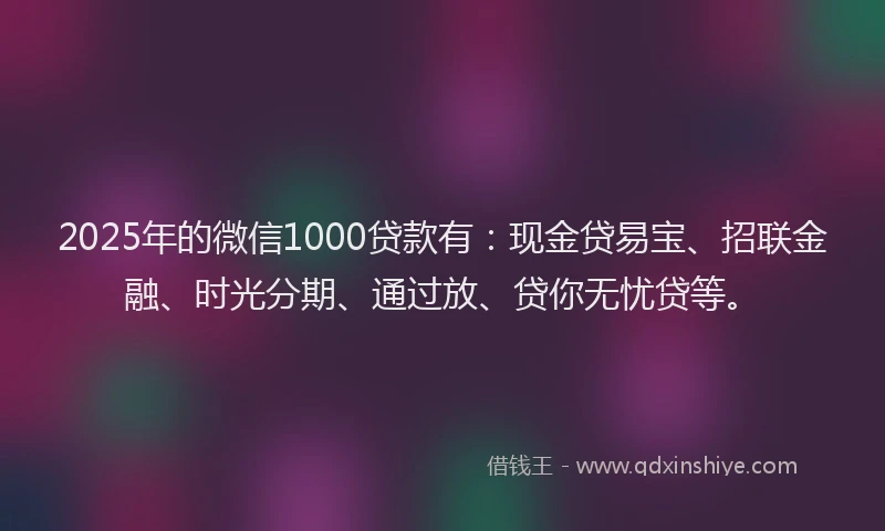 2025年的微信1000贷款有：现金贷易宝、招联金融、时光分期、通过放、贷你无忧贷等。