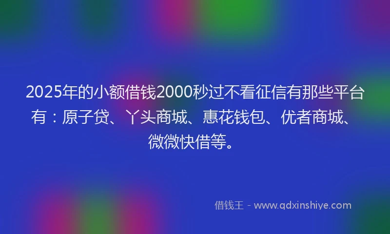 2025年的小额借钱2000秒过不看征信有那些平台有：原子贷、丫头商城、惠花钱包、优者商城、微微快借等。