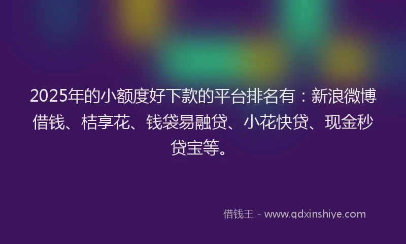 2025年的小额度好下款的平台排名有：新浪微博借钱、桔享花、钱袋易融贷、小花快贷、现金秒贷宝等。