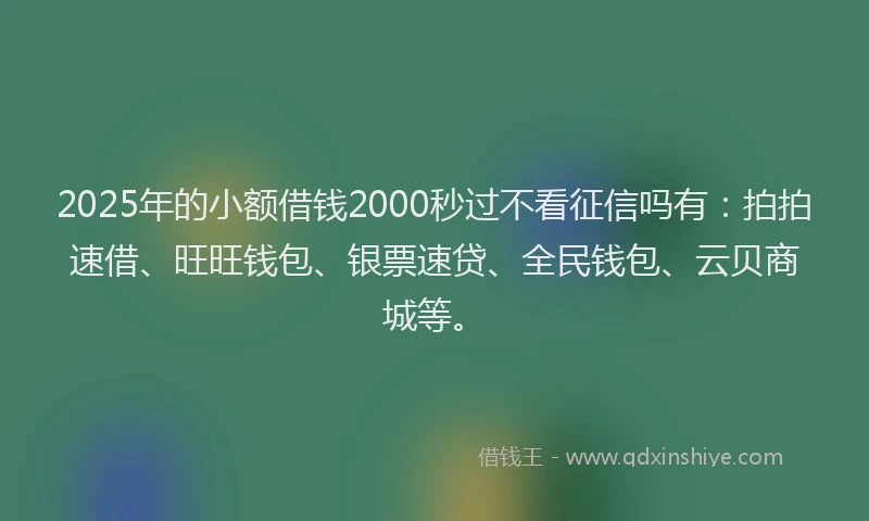 2025年的小额借钱2000秒过不看征信吗有：拍拍速借、旺旺钱包、银票速贷、全民钱包、云贝商城等。