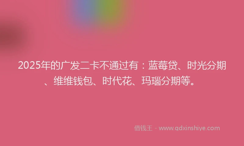 2025年的广发二卡不通过有：蓝莓贷、时光分期、维维钱包、时代花、玛瑙分期等。