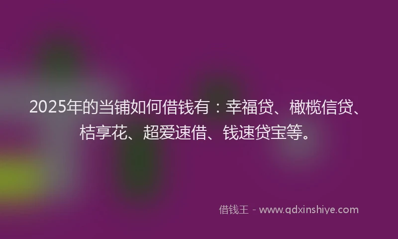 2025年的当铺如何借钱有：幸福贷、橄榄信贷、桔享花、超爱速借、钱速贷宝等。