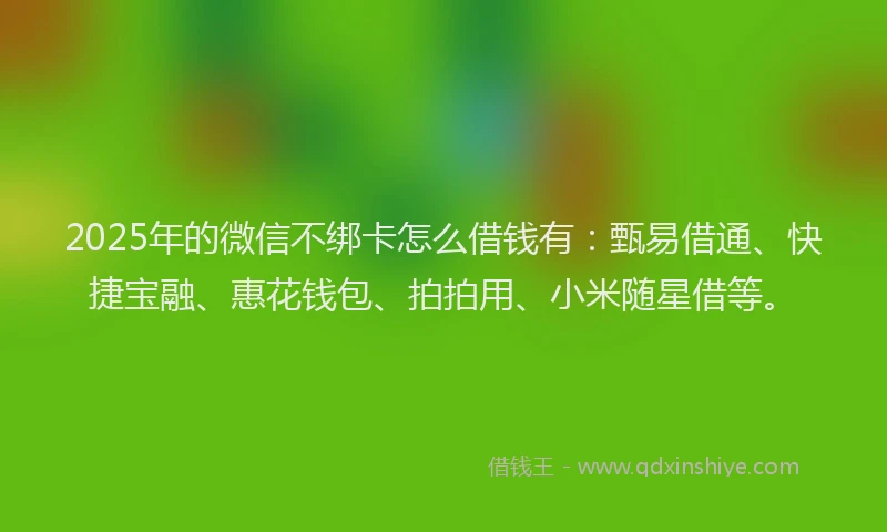 2025年的微信不绑卡怎么借钱有：甄易借通、快捷宝融、惠花钱包、拍拍用、小米随星借等。