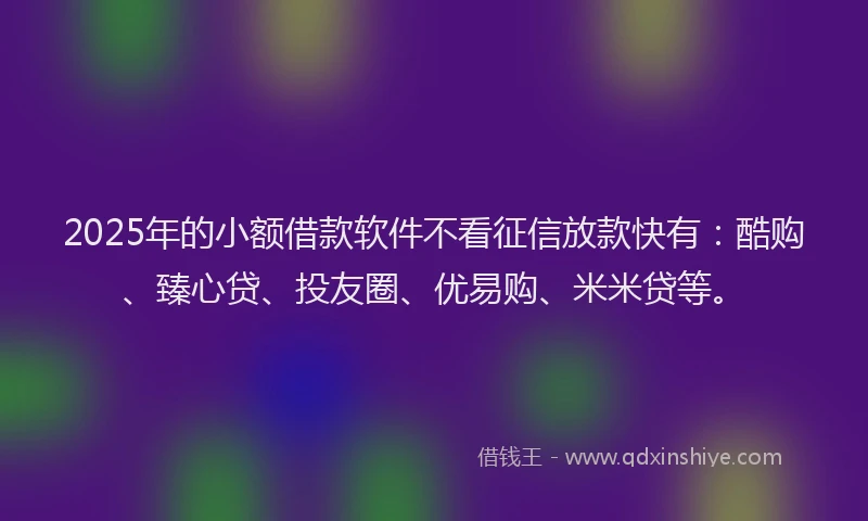 2025年的小额借款软件不看征信放款快有：酷购、臻心贷、投友圈、优易购、米米贷等。